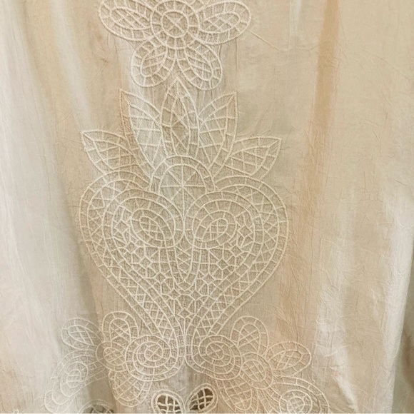 JOHNNY WAS Sz L 100% Cupro Rayon Embroidered Trim Semi Sheer Cream Blouse - Picture 5 of 12